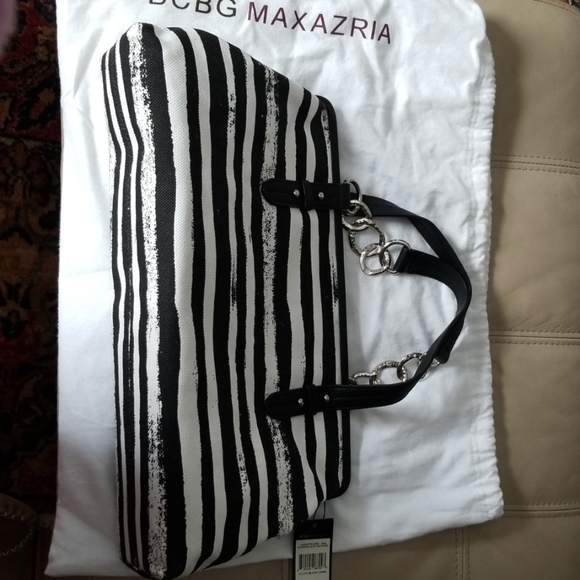 NWT BCBGMaxazria black and white stripe canvas bag - Picture 2 of 8